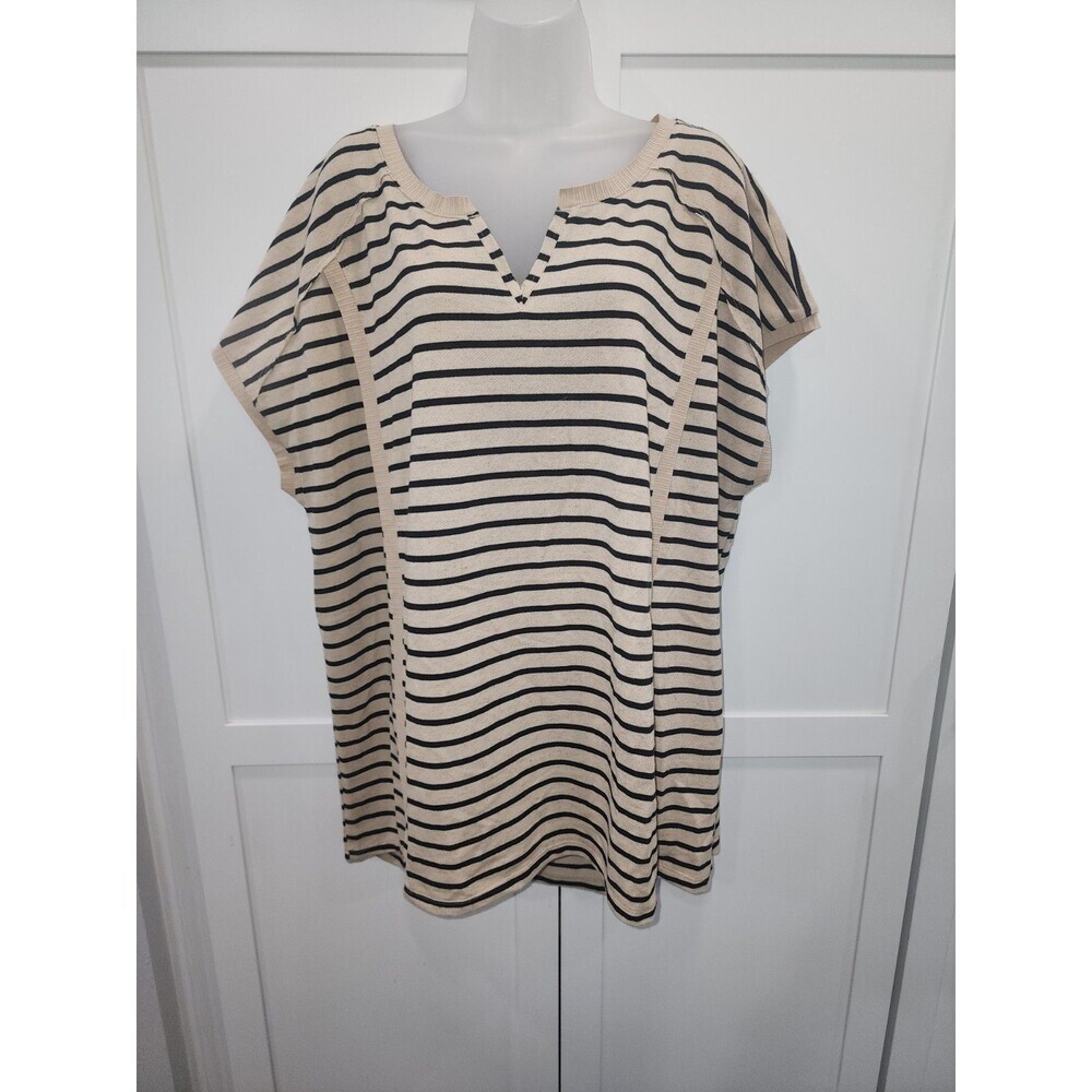 New Cato Top size 26/28W Black Brown Striped Stretch Short Sleeve Preppy Office